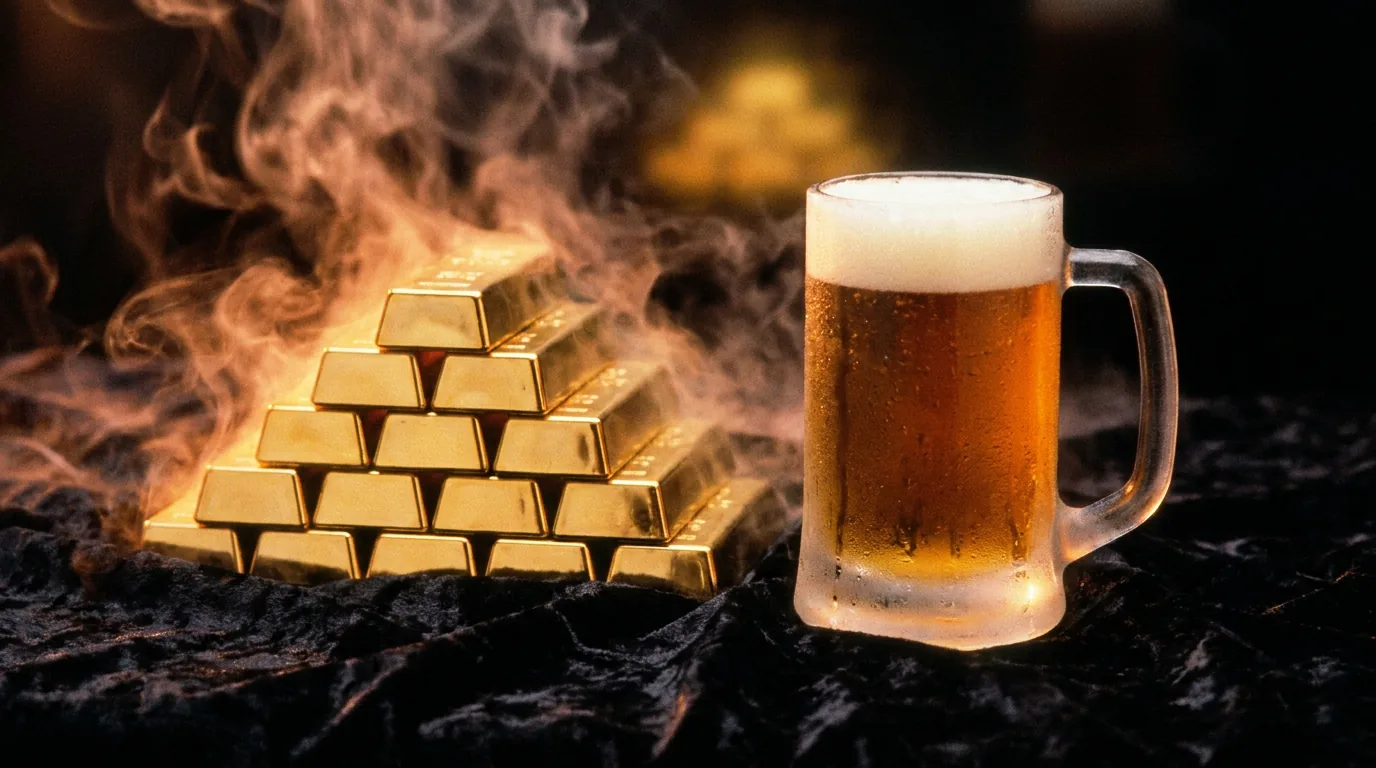 Gold bars beside a frosted glass of beer